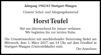 Traueranzeige von Horst Teufel von Eßlinger Zeitung/Cannstatter Zeitung