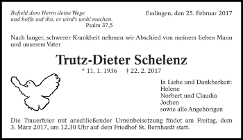 Traueranzeige von Trutz-Dieter Schelenz von Eßlinger Zeitung/Cannstatter Zeitung
