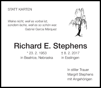 Traueranzeige von Richard E. Stephens von Eßlinger Zeitung/Cannstatter Zeitung