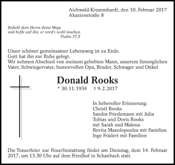 Traueranzeige von Donald Rooks von Eßlinger Zeitung/Cannstatter Zeitung