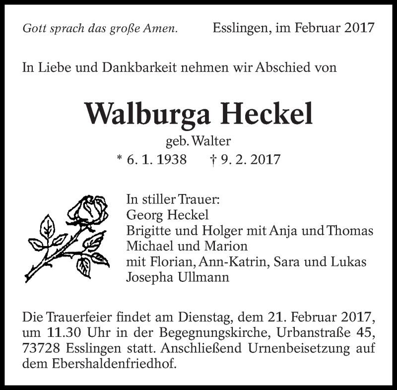  Traueranzeige für Walburga Heckel vom 17.02.2017 aus Eßlinger Zeitung/Cannstatter Zeitung