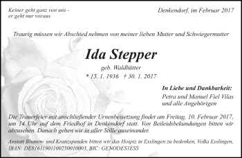 Traueranzeige von Ida Stepper von Eßlinger Zeitung/Cannstatter Zeitung