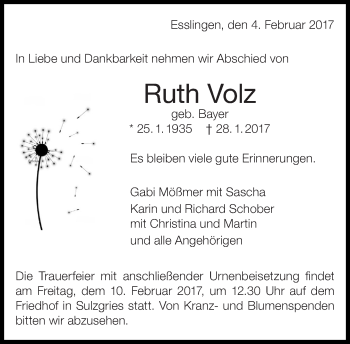 Traueranzeige von Ruth Volz von Eßlinger Zeitung/Cannstatter Zeitung