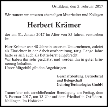 Traueranzeige von Herbert Krämer von Eßlinger Zeitung/Cannstatter Zeitung