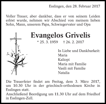 Traueranzeige von Evangelos Grivelis von Eßlinger Zeitung/Cannstatter Zeitung