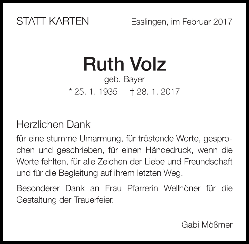  Traueranzeige für Ruth Volz vom 17.02.2017 aus Eßlinger Zeitung/Cannstatter Zeitung