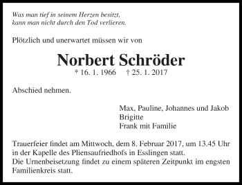 Traueranzeige von Norbert Schröder von Eßlinger Zeitung/Cannstatter Zeitung