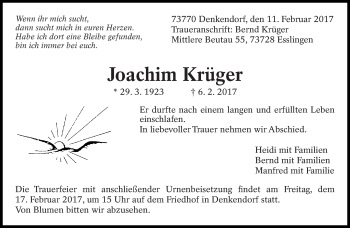 Traueranzeige von Joachim Krüger von Eßlinger Zeitung/Cannstatter Zeitung