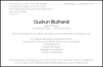 Traueranzeige von Gudrun Bluthardt von Eßlinger Zeitung/Cannstatter Zeitung