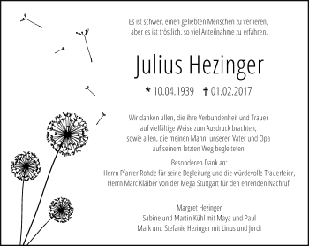 Traueranzeige von Julius Hezinger von Eßlinger Zeitung/Cannstatter Zeitung