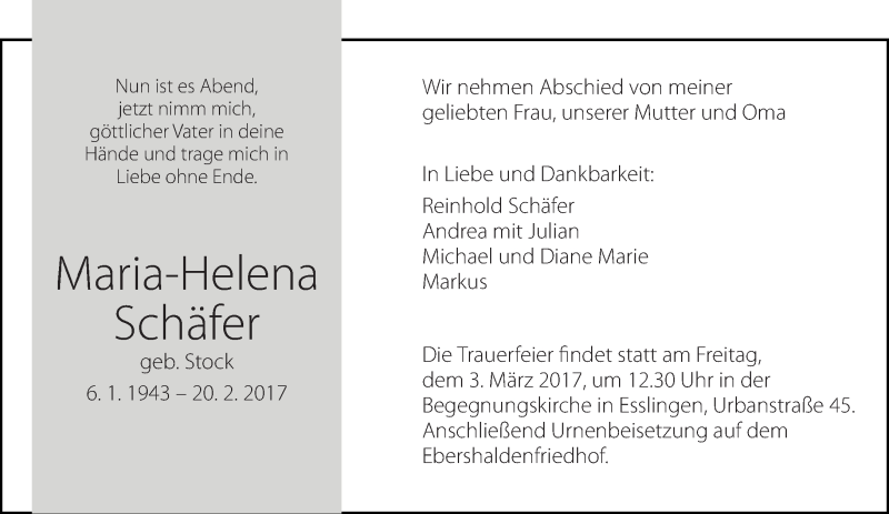  Traueranzeige für Maria-Helena Schäfer vom 27.02.2017 aus Eßlinger Zeitung/Cannstatter Zeitung