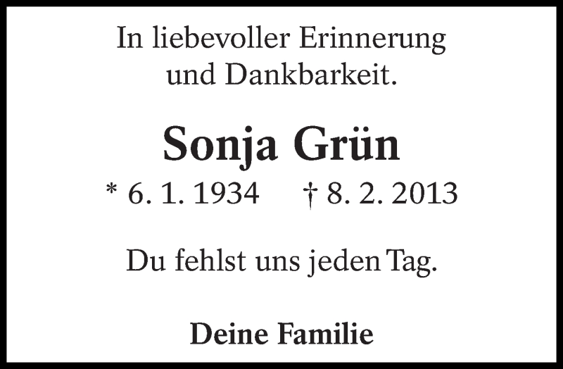  Traueranzeige für Sonja Grün vom 08.02.2017 aus Eßlinger Zeitung/Cannstatter Zeitung