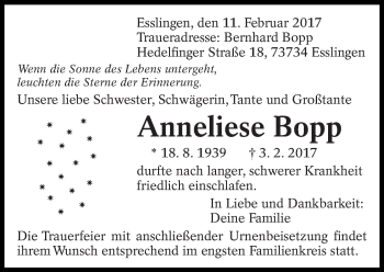 Traueranzeige von Anneliese Bopp von Eßlinger Zeitung/Cannstatter Zeitung