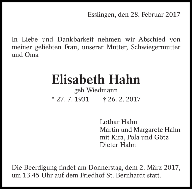  Traueranzeige für Elisabeth Hahn vom 28.02.2017 aus Eßlinger Zeitung/Cannstatter Zeitung