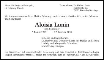 Traueranzeige von Aloisia Lunin von Eßlinger Zeitung/Cannstatter Zeitung