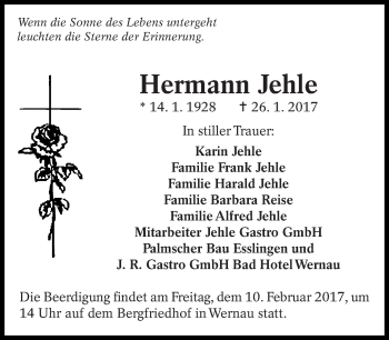Traueranzeige von Hermann Jehle von Eßlinger Zeitung/Cannstatter Zeitung