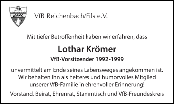 Traueranzeige von Lothar Krömer von Eßlinger Zeitung/Cannstatter Zeitung