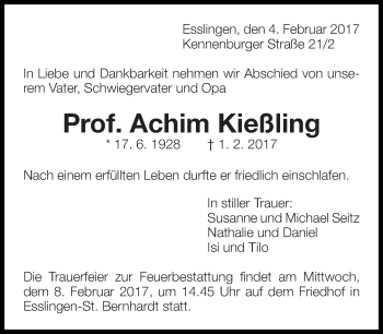 Traueranzeige von Achim Kießling von Eßlinger Zeitung/Cannstatter Zeitung