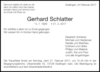 Traueranzeige von Gerhard Schlatter von Eßlinger Zeitung/Cannstatter Zeitung
