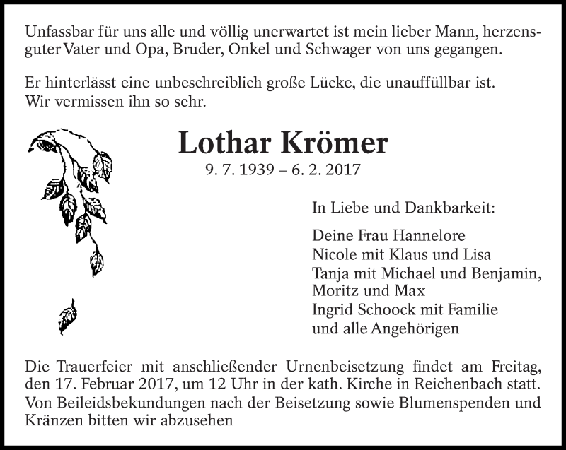  Traueranzeige für Lothar Krömer vom 11.02.2017 aus Eßlinger Zeitung/Cannstatter Zeitung