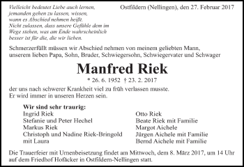 Traueranzeige von Manfred Riek von Eßlinger Zeitung/Cannstatter Zeitung