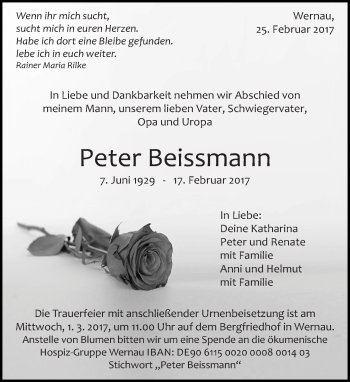 Traueranzeige von Peter Beissmann von Eßlinger Zeitung/Cannstatter Zeitung