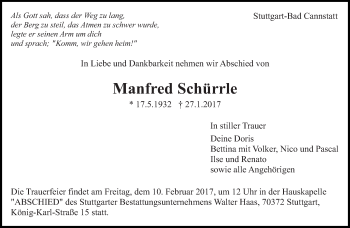 Traueranzeige von Manfred Schürrle von Eßlinger Zeitung/Cannstatter Zeitung