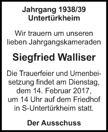 Traueranzeige von Siegfried Walliser von Eßlinger Zeitung/Cannstatter Zeitung