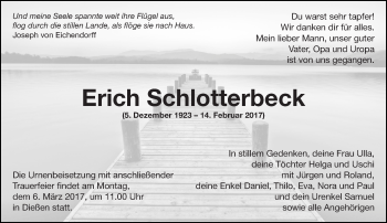 Traueranzeige von Erich Schlotterbeck von Eßlinger Zeitung/Cannstatter Zeitung