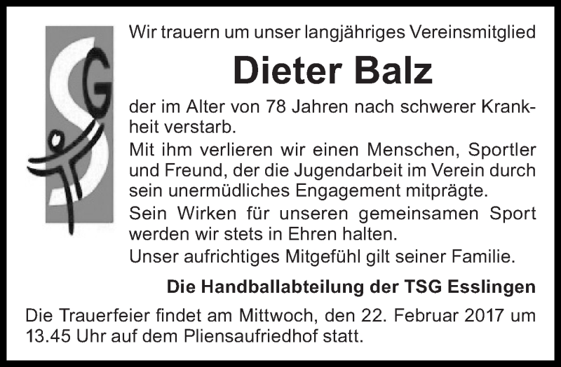  Traueranzeige für Dieter Balz vom 21.02.2017 aus Eßlinger Zeitung/Cannstatter Zeitung
