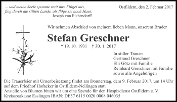 Traueranzeige von Stefan Greschner von Eßlinger Zeitung/Cannstatter Zeitung