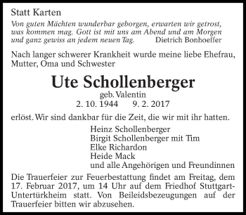Traueranzeige von Ute Schollenberger von Eßlinger Zeitung/Cannstatter Zeitung