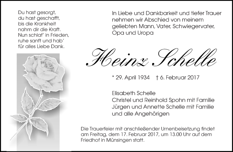  Traueranzeige für Heinz Schelle vom 11.02.2017 aus Eßlinger Zeitung/Cannstatter Zeitung