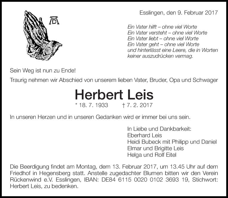  Traueranzeige für Herbert Leis vom 09.02.2017 aus Eßlinger Zeitung/Cannstatter Zeitung
