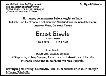 Traueranzeige von Ernst Eisele von Eßlinger Zeitung/Cannstatter Zeitung
