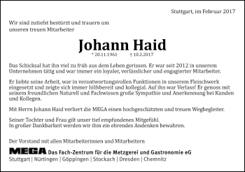 Traueranzeige von Johann Haid von Eßlinger Zeitung/Cannstatter Zeitung