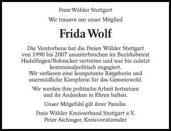 Traueranzeige von Frida Wolf von Eßlinger Zeitung/Cannstatter Zeitung