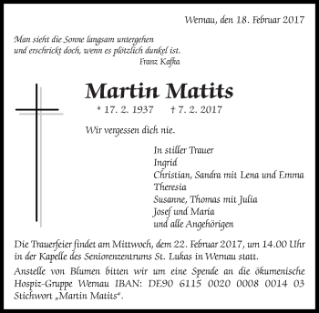 Traueranzeige von Martin Matits von Eßlinger Zeitung/Cannstatter Zeitung