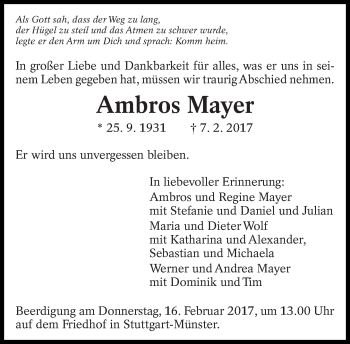 Traueranzeige von Ambros Mayer von Eßlinger Zeitung/Cannstatter Zeitung