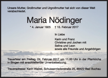 Traueranzeige von Maria Nödinger von Eßlinger Zeitung/Cannstatter Zeitung