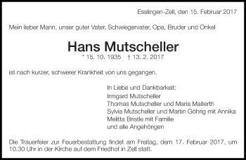 Traueranzeige von Hans Mutscheller von Eßlinger Zeitung/Cannstatter Zeitung