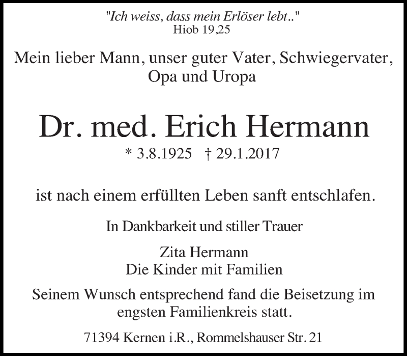  Traueranzeige für Erich Hermann vom 09.02.2017 aus Eßlinger Zeitung/Cannstatter Zeitung