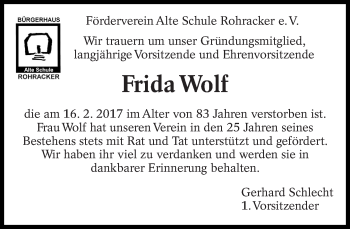 Traueranzeige von Frida Wolf von Eßlinger Zeitung/Cannstatter Zeitung