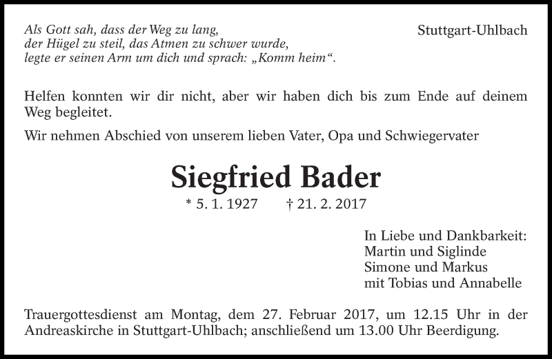  Traueranzeige für Siegfried Bader vom 24.02.2017 aus Eßlinger Zeitung/Cannstatter Zeitung