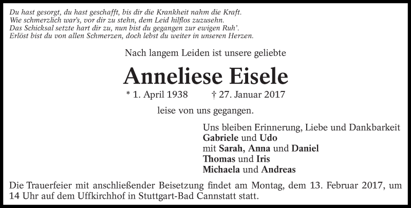  Traueranzeige für Anneliese Eisele vom 07.02.2017 aus Eßlinger Zeitung/Cannstatter Zeitung