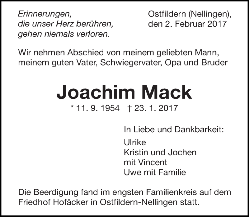  Traueranzeige für Joachim Mack vom 02.02.2017 aus Eßlinger Zeitung/Cannstatter Zeitung