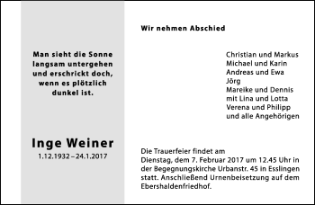 Traueranzeige von Inge Weiner von Eßlinger Zeitung/Cannstatter Zeitung