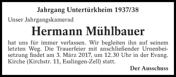 Traueranzeige von Hermann Mühlbauer von Eßlinger Zeitung/Cannstatter Zeitung