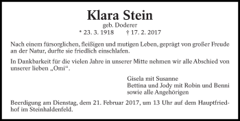 Traueranzeige von Klara Stein von Eßlinger Zeitung/Cannstatter Zeitung