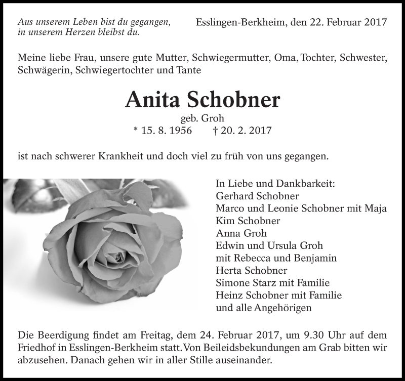 Traueranzeige für Anita Schobner vom 22.02.2017 aus Eßlinger Zeitung/Cannstatter Zeitung